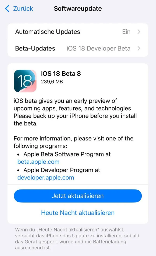 庆城苹果手机维修分享苹果 iOS / iPadOS 18 开发者预览版 Beta 8 发布 